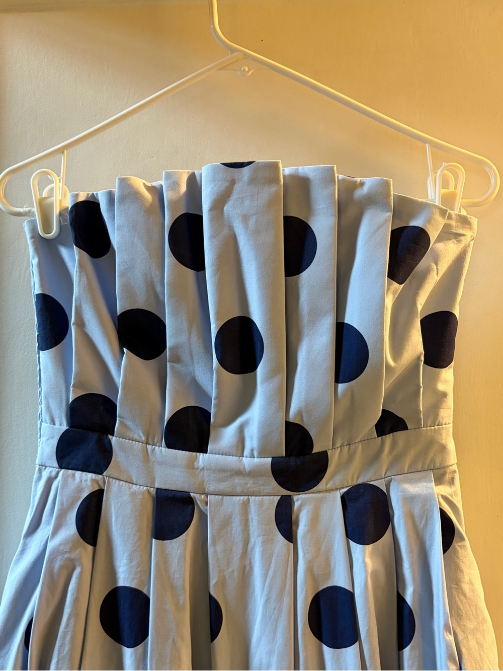 entro Strapless Light Blue Dress with Navy Polka Dots Midi Silhouette - Picture 3 of 5